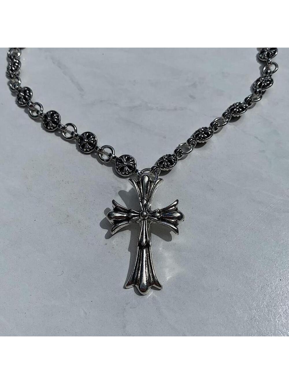 Grunge Cyber y2k silver gothic cross long necklace chain. 24 inches length.